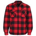 A red and black checkered 126 Portman shacket with a fort workwear label, with a collar, long sleeves, and front pockets.