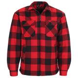 A red and black checkered 126 Portman shacket with a fort workwear label, with a collar, long sleeves, and front pockets.