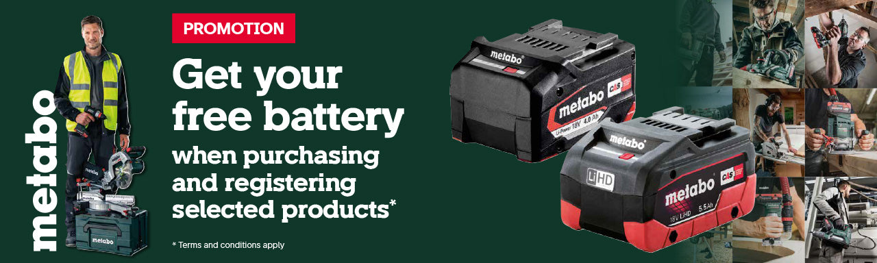 Metabo battery promotion with text and product display on a green background