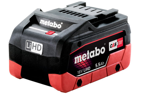 Metabo 18V 5.5Ah LiHD Battery Pack 625368000 front view, showing LED capacity indicator.