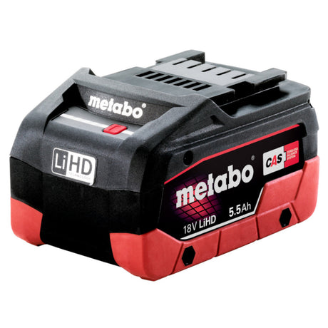 Metabo 18V 5.5Ah LiHD Battery Pack 625368000 front view, showing LED capacity indicator.