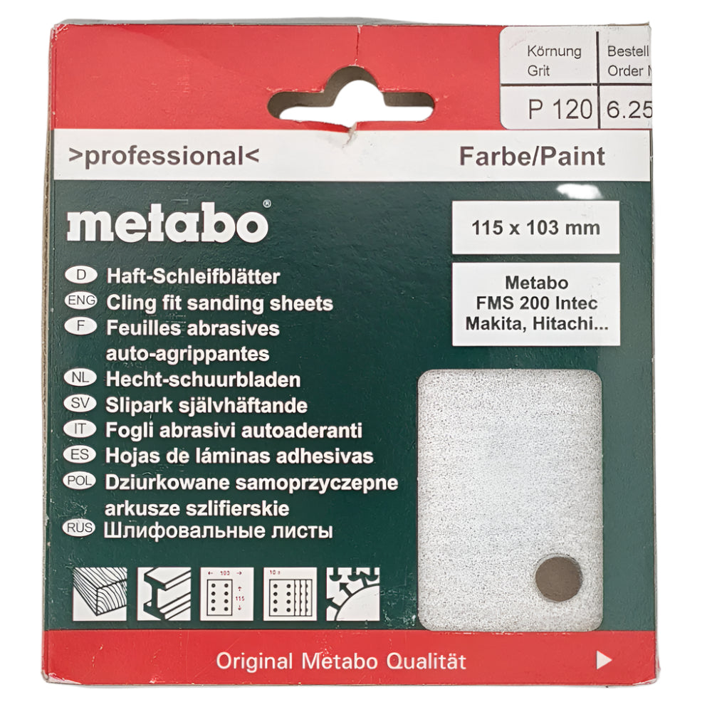 Metabo sanding sheets for paint shown in box on a white background.