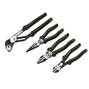 Image of Draper Expert 4 piece plier set with black and green soft grip handles on a white background.