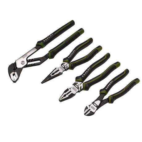 Image of Draper Expert 4 piece plier set with black and green soft grip handles on a white background.