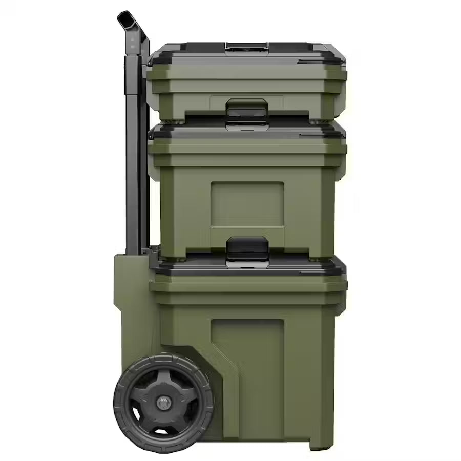 Green Bunker Load-Up Stacking system  with wheels on a white background