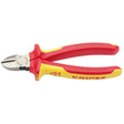 VDE fully insulated diagonal side cutters, 160mm, by Knipex (model 70 08 160 UKSBE), ideal for electrical work, displayed on a white background.
