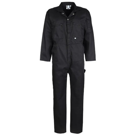 A black coverall with a zip front, long sleeves, and a collar.