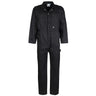A black coverall with a zip front, long sleeves, and a collar.