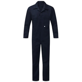 A navy blue coverall with a zip front, long sleeves, and a collar.