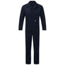 A navy blue coverall with a zip front, long sleeves, and a collar.