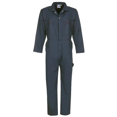 A green blue coverall with a zip front, long sleeves, and a collar.