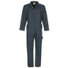 A green blue coverall with a zip front, long sleeves, and a collar.