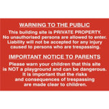 Building Site Warning PVC Sign 600x400mm | Health and Safety Safety Signage