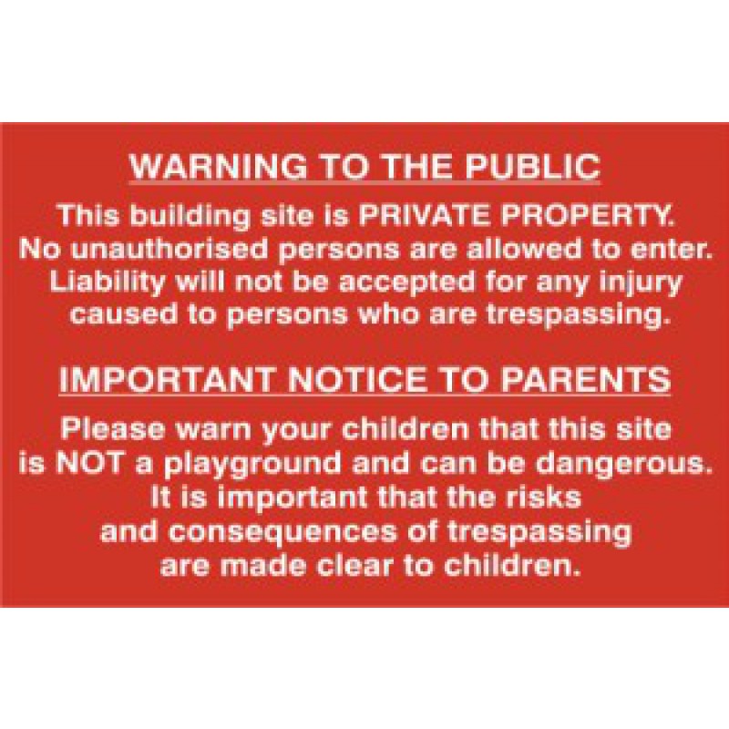Building Site Warning PVC Sign 600x400mm | Health and Safety Safety Signage