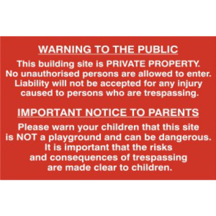 Building Site Warning PVC Sign 600x400mm | Health and Safety Safety Signage