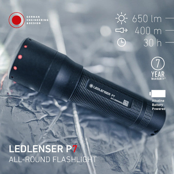 LEDLENSER P7 flashlight on a textured surface with product details overlay.
