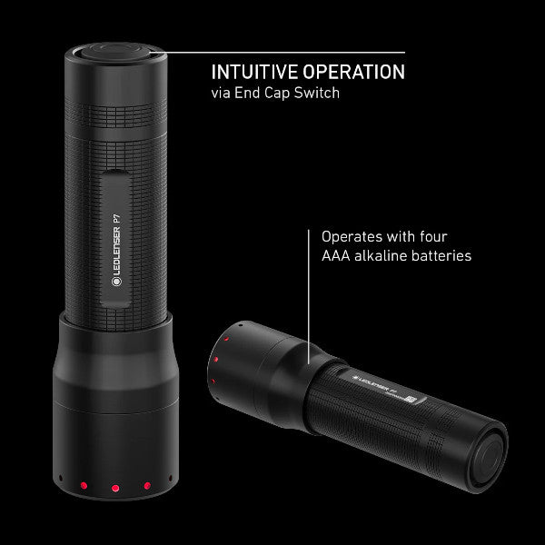Black Ledlenser P7 flashlight with text indicating intuitive operation and battery information on a black background