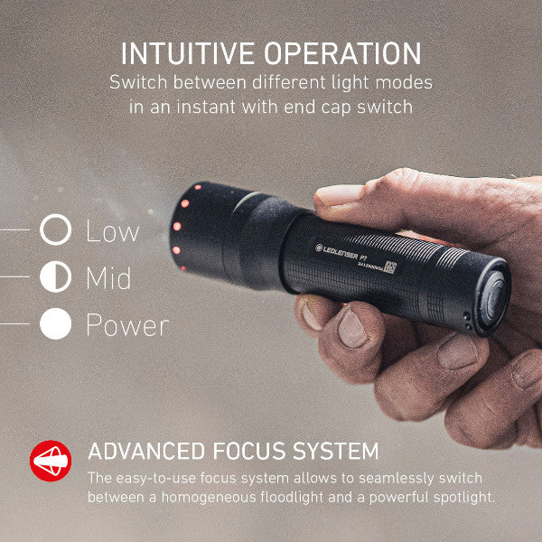 Hand holding a flashlight with control options and text about intuitive operation and advanced focus system.
