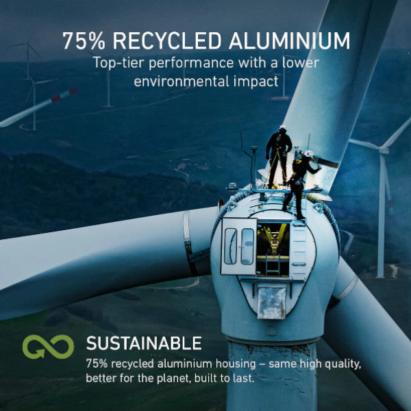 Wind turbine with workers on top, featuring text about recycled aluminium and sustainability.