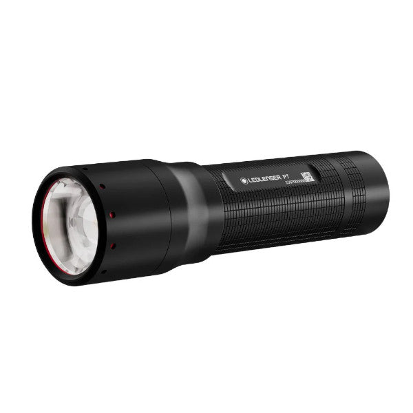 Black Ledlenser P7 flashlight with visible brand logo on a white background