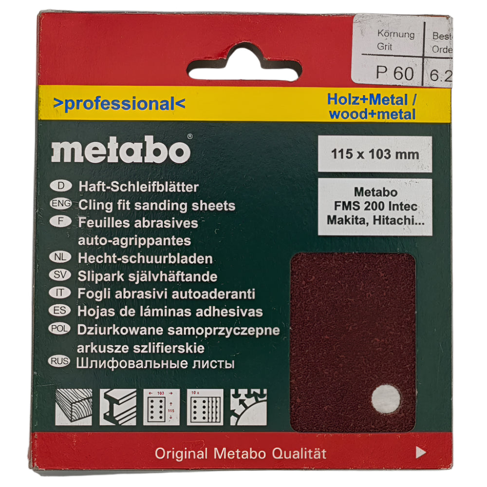Metabo Hook & Loop Sanding Sheets 115x103mm For Wood & Metal Pack of 10