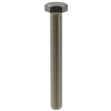image of a single fully threaded metric hexagon set screw in stainless steel A2 grade 304. Standing upright on a plain white background.