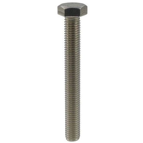 image of a single fully threaded metric hexagon set screw in stainless steel A2 grade 304. Standing upright on a plain white background.
