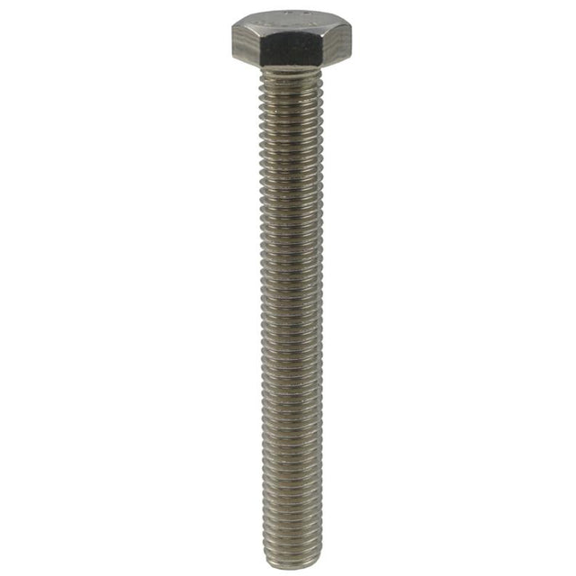 image of a single fully threaded metric hexagon set screw in stainless steel A2 grade 304. Standing upright on a plain white background.