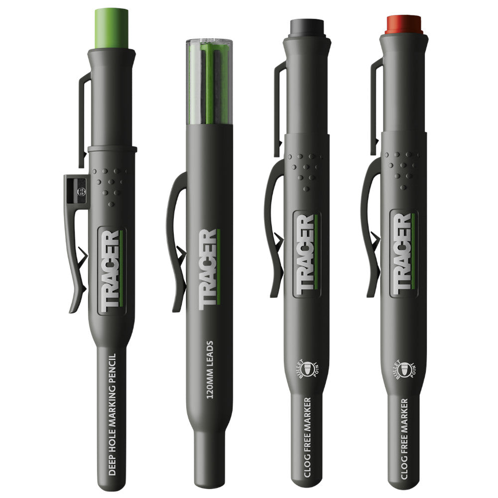 Tracer marker set AM4 including construction pencil, replacement leads, and 2 clog free markers all with holsters on a white background