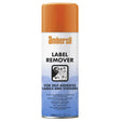 Can of Ambersil Label remover in 200mm with an orange top. The words Ambersil, Label Remover, for self-adhesive labels and stickers can be seen on the can. On a white background.