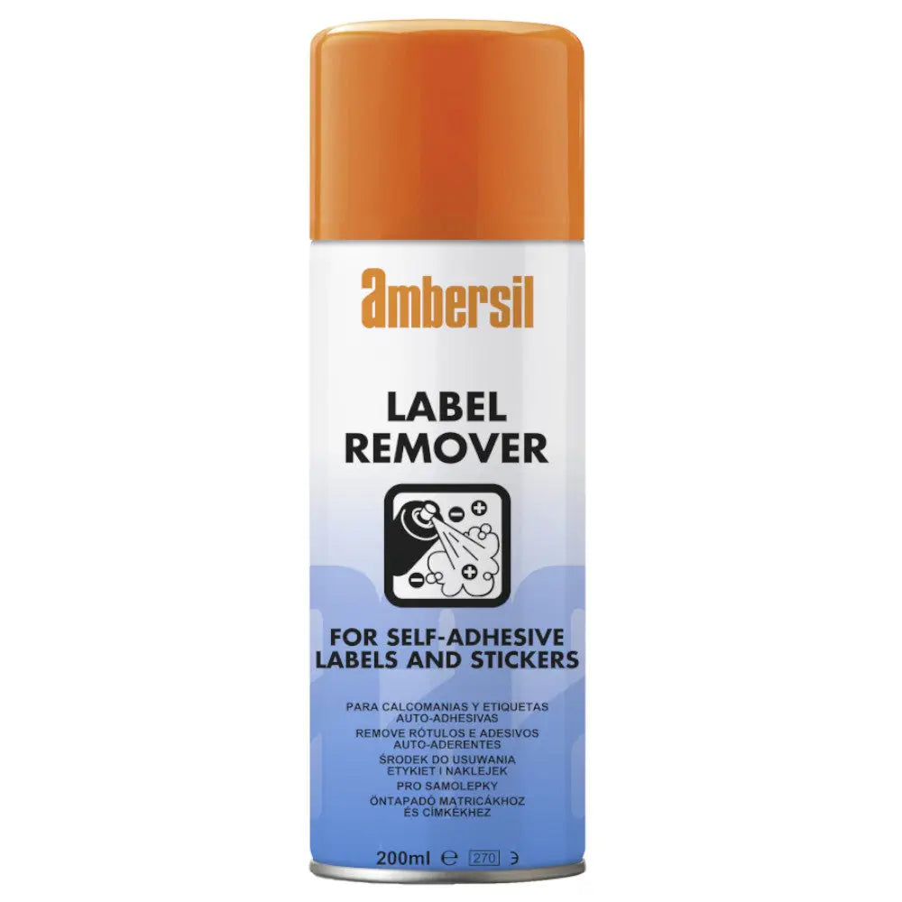 Can of Ambersil Label remover in 200mm with an orange top. The words Ambersil, Label Remover, for self-adhesive labels and stickers can be seen on the can. On a white background.