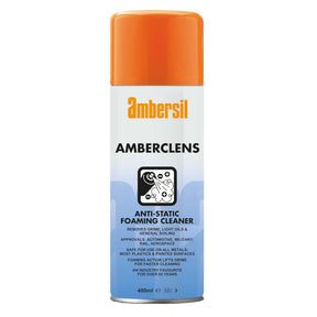 A spray can of Ambersil Amberclens Anti-Static Foaming Cleaner with orange cap and white label.