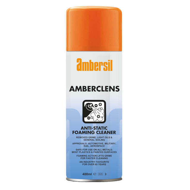 A spray can of Ambersil Amberclens Anti-Static Foaming Cleaner with orange cap and white label.