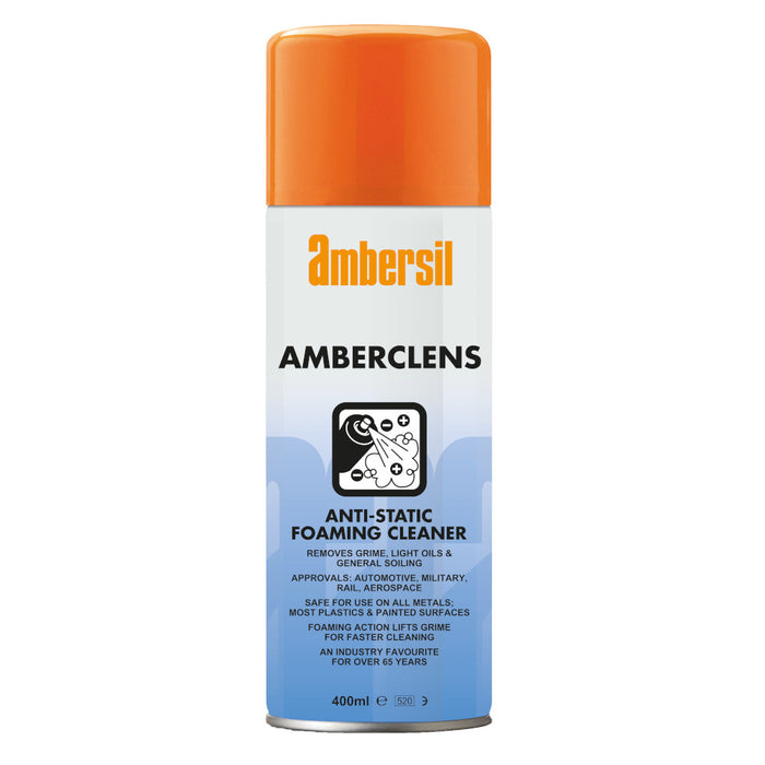 A spray can of Ambersil Amberclens Anti-Static Foaming Cleaner with orange cap and white label.
