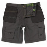 Close-up of Apache APKHT Grey/Black Holster Shorts, featuring lightweight rip-stop polycotton material, Cordura holster pockets, and a low rise comfort fit, ideal for trades and DIY projects.