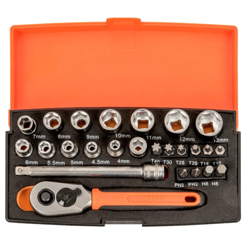 Bahco SL25 1/4" Square Drive Socket Set with Metric Hex Profile and Screwdriver Bits/Bit Holder Electro South West Ltd
