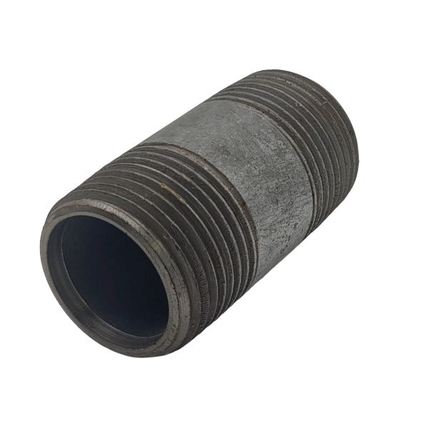Galvanised barrel nipple with threads visible on either end, on a white background