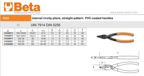 Beta 1032 Internal Circlip Pliers, Straight Pattern with PVC-coated Handles Beta