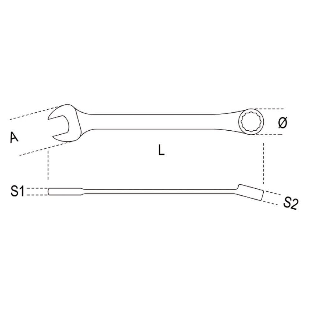 Dimensional diagram of the Beta 142SN Ratchet spanner with a flexible head.