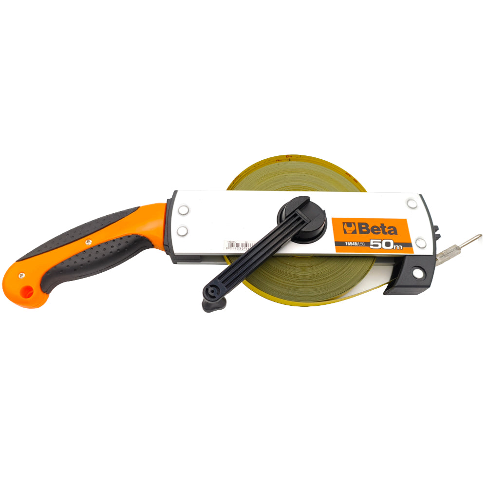 Side view of Beta Tools 1694B/L50 Open-Reel Steel Measuring Tape (50m) 016940350 on a white background.