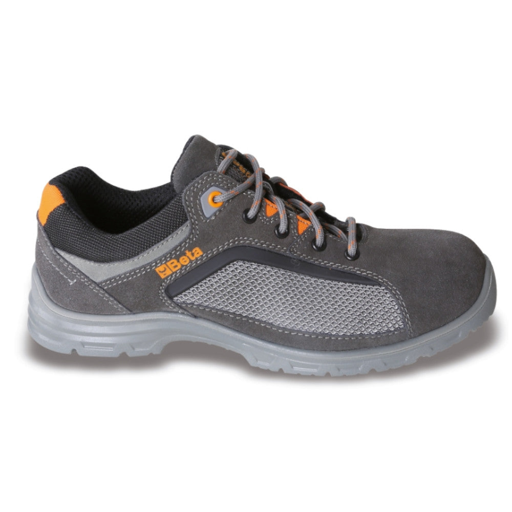 Beta 7213 grey suede safety trainer with orange accents on a white background