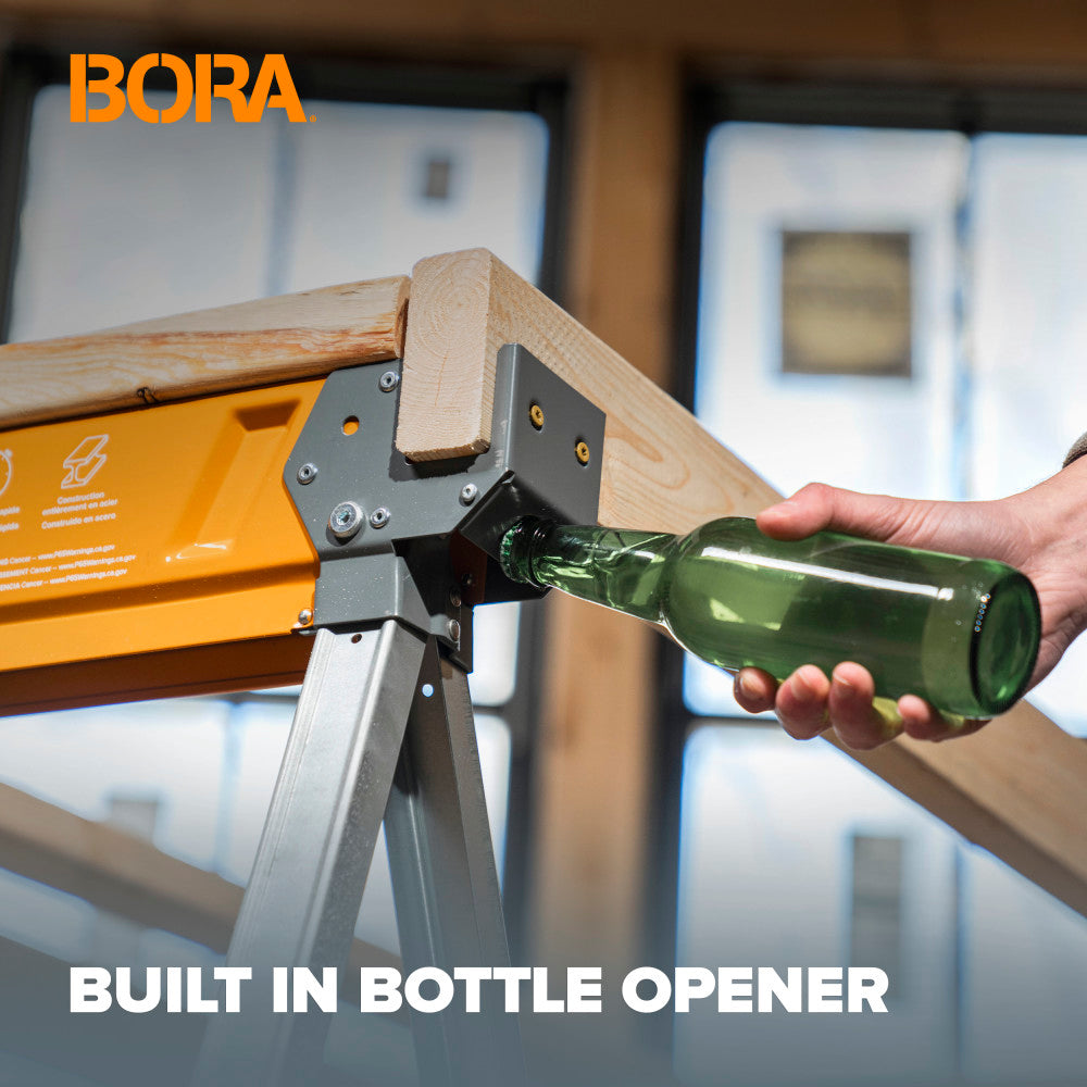 Bottle opener attached to the Bora Workhorse X with a hand holding a bottle, BORA brand visible.