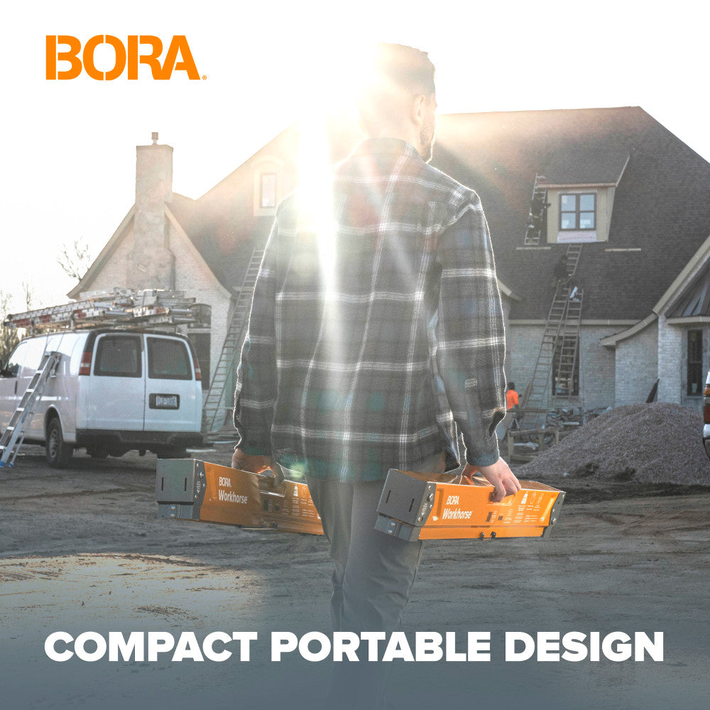 Person holding the Bora Workhorse X with text about compact portable design, set against a construction site background.