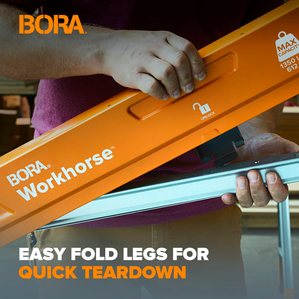 Person using a BORA Workhorse X with text about easy fold legs for quick teardown.