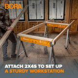 Person attaching 2x4s to a Bora Workhorse X in a construction setting