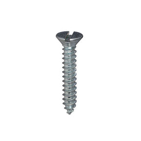 Metal self tapping screw with a countersunk head and a slot drive in bzp, on a white background.