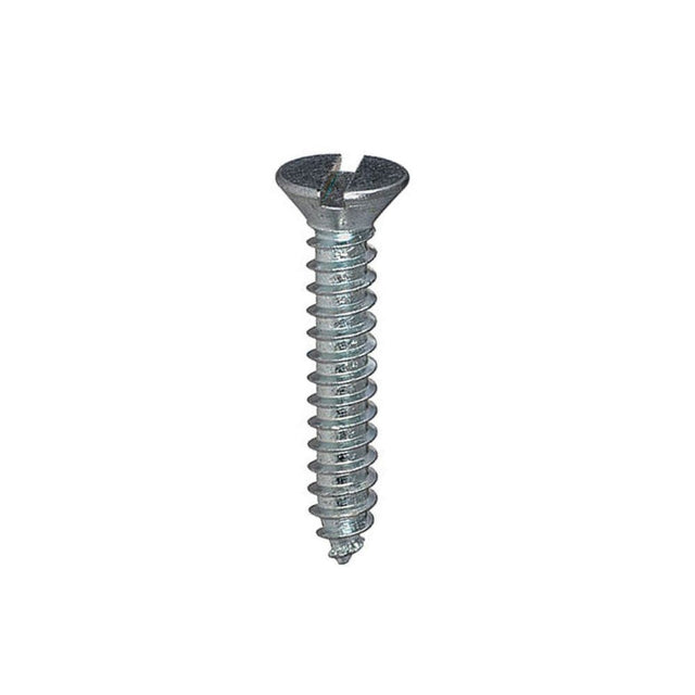 Metal self tapping screw with a countersunk head and a slot drive in bzp, on a white background.