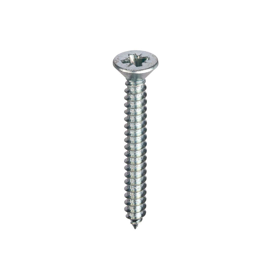 Metal countersunk pozi self tapping screw on a white background