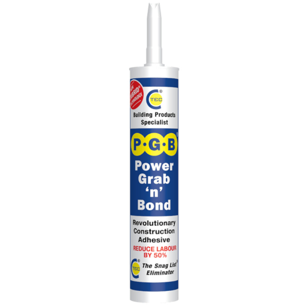 An image of a tube of C-Tec power grab 'n' bond adhesive, written on the tube is "Revolutionary Construction Adhesive" "Reduce Labour By 50%" The background is plain white