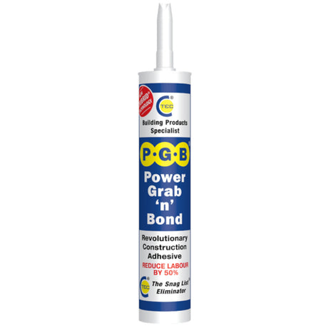 An image of a tube of C-Tec power grab 'n' bond adhesive, written on the tube is "Revolutionary Construction Adhesive" "Reduce Labour By 50%" The background is plain white